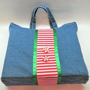 Peppermint Stripe Hand-Crafted Blue Denim Holiday Elf Tote Bag NEW with tags
